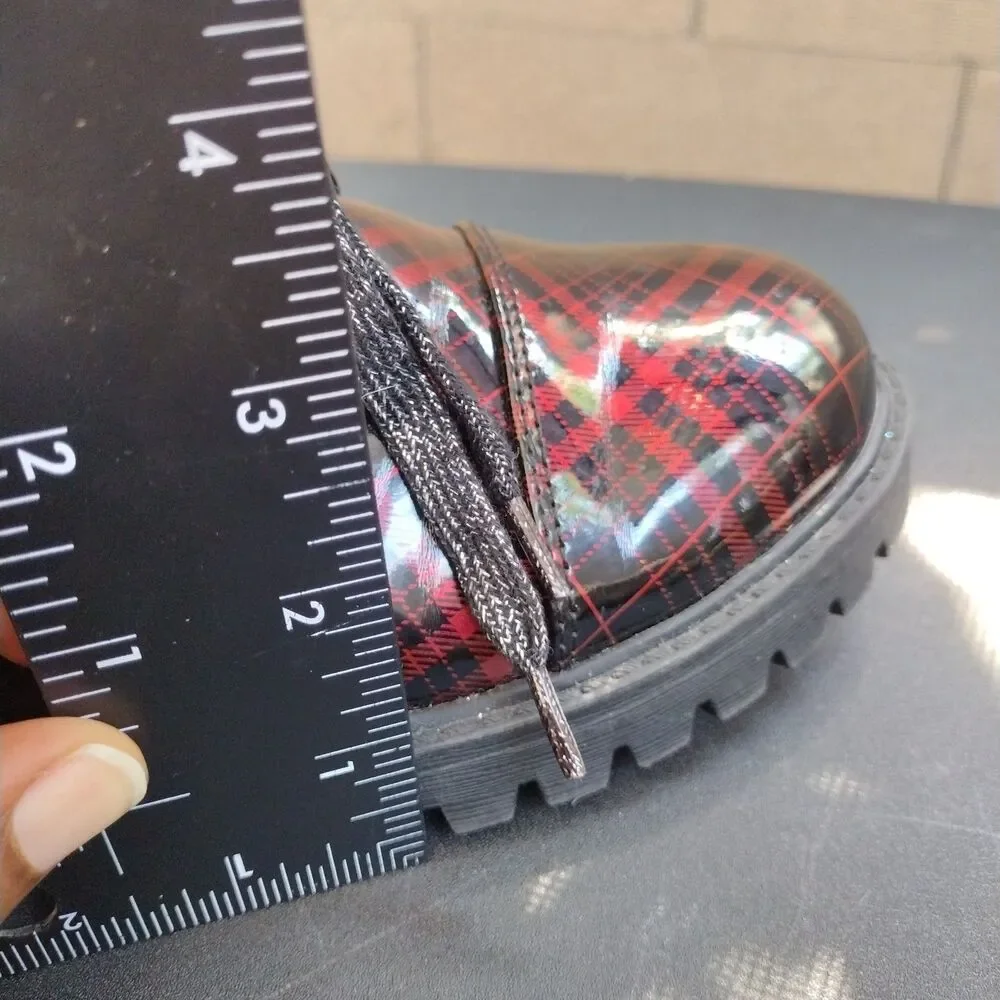 Jessica Simpson Rain Combat Boots Plaid Patent Zip Sides Kids Size 5 Black Red